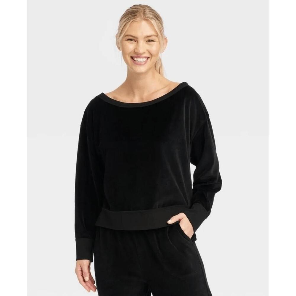 JoyLab Sweatshirt Women‎ Black Velour Off-Shoulder Luxe Cozy Size M - Picture 2 of 4